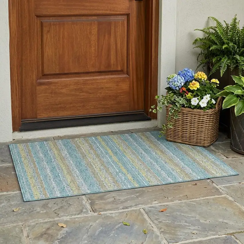 Teal Blue And Silver Striped Washable Indoor Outdoor Area Rug Photo 1