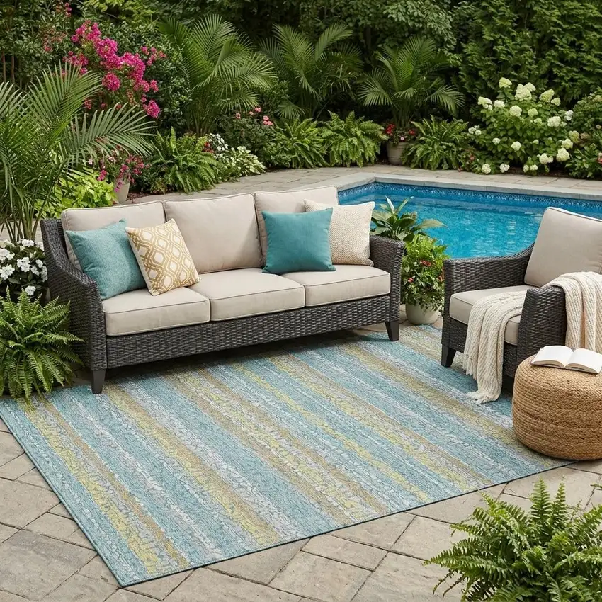 Teal Blue And Silver Striped Washable Indoor Outdoor Area Rug Photo 1
