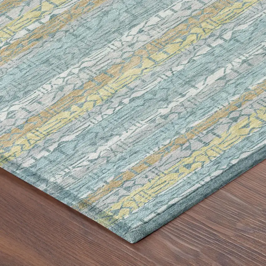 Teal Blue And Silver Striped Washable Indoor Outdoor Area Rug Photo 3