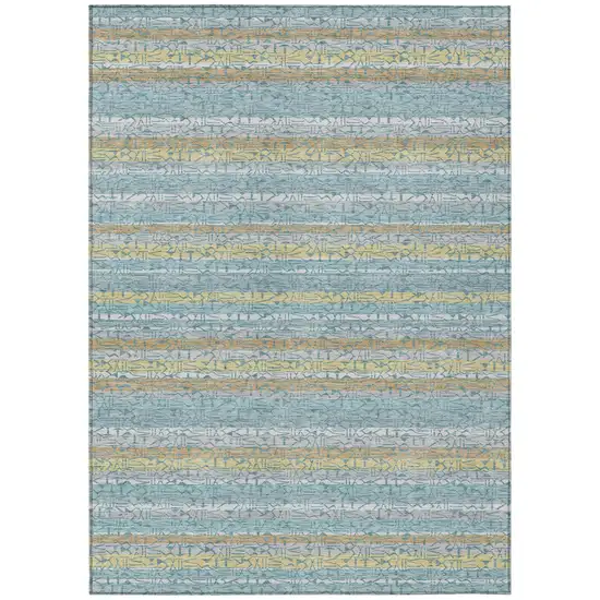 Teal Blue And Silver Striped Washable Indoor Outdoor Area Rug Photo 2