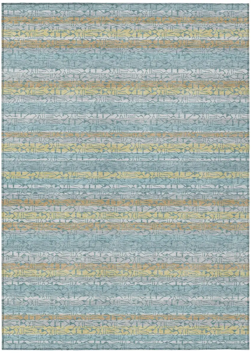 Teal Blue And Silver Striped Washable Indoor Outdoor Area Rug Photo 2