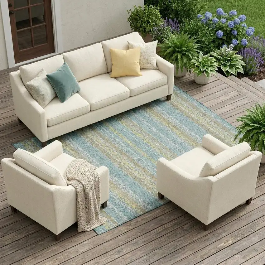 Teal Blue And Silver Striped Washable Indoor Outdoor Area Rug Photo 1
