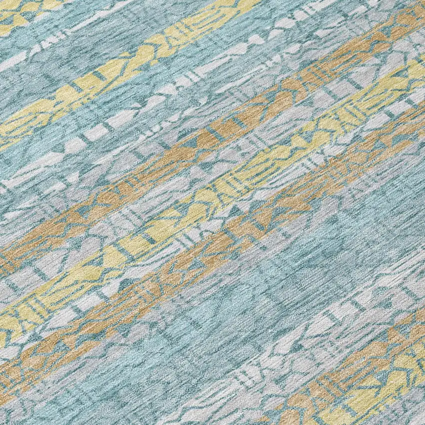 Teal Blue And Silver Striped Washable Indoor Outdoor Area Rug Photo 4