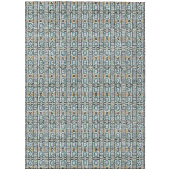 Teal Blue And Silver Striped Washable Indoor Outdoor Area Rug Photo 2