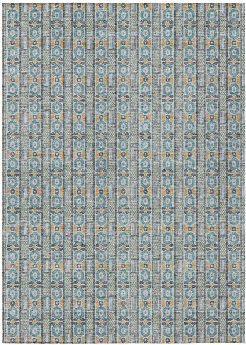 Teal Blue And Silver Striped Washable Indoor Outdoor Area Rug Photo 2