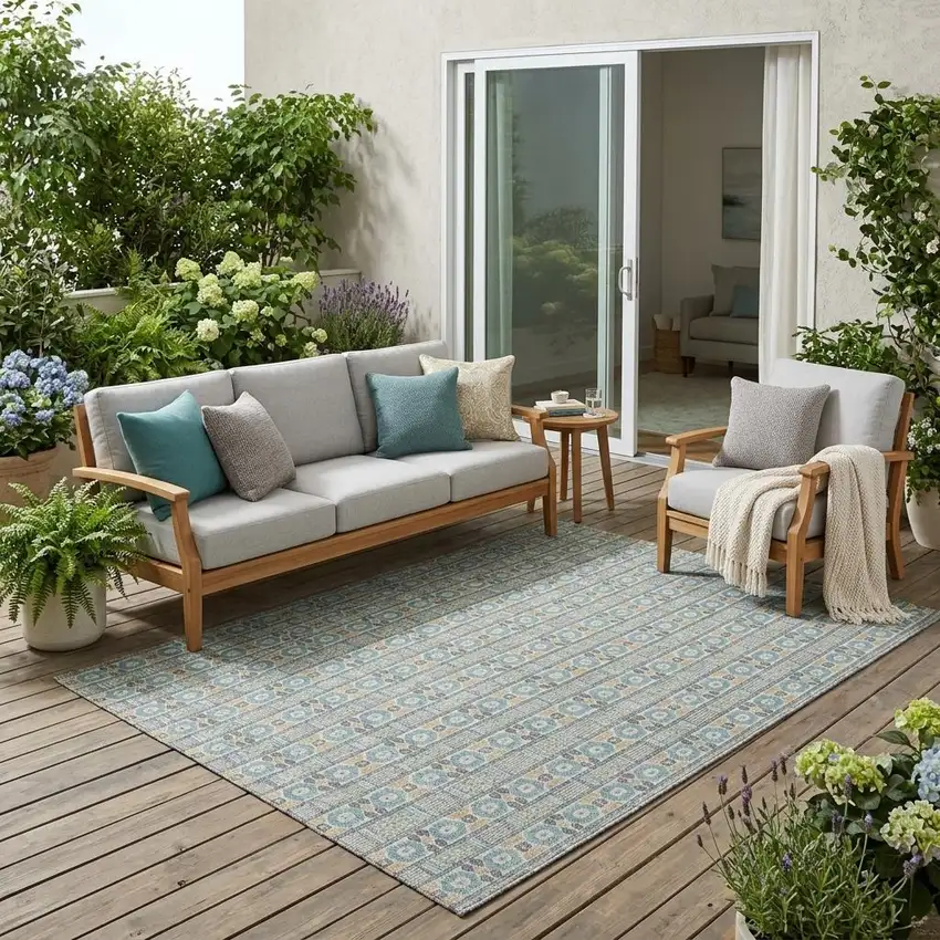 Teal Blue And Silver Striped Washable Indoor Outdoor Area Rug Photo 1