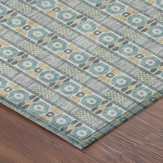 Teal Blue And Silver Striped Washable Indoor Outdoor Area Rug Photo 3