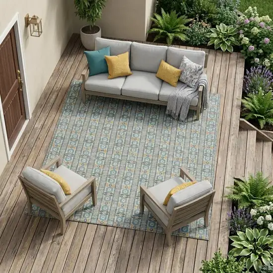 Teal Blue And Silver Striped Washable Indoor Outdoor Area Rug Photo 1