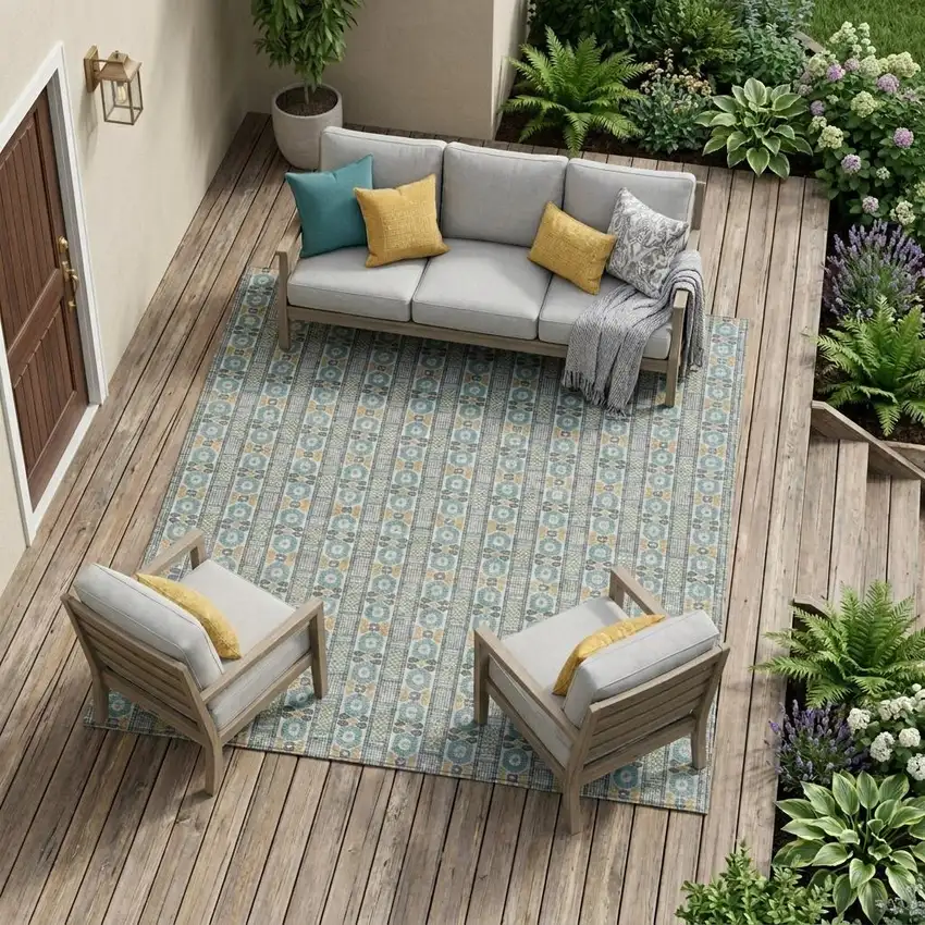 Teal Blue And Silver Striped Washable Indoor Outdoor Area Rug Photo 1