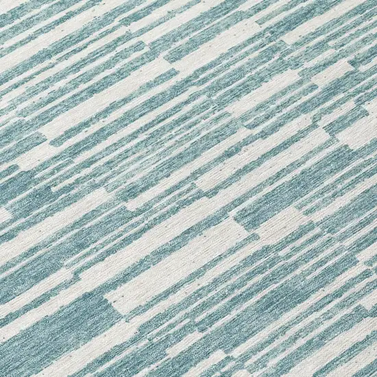 Teal Blue And Silver Striped Washable Indoor Outdoor Area Rug Photo 5