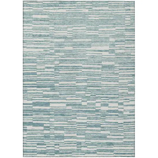 Teal Blue And Silver Striped Washable Indoor Outdoor Area Rug Photo 1