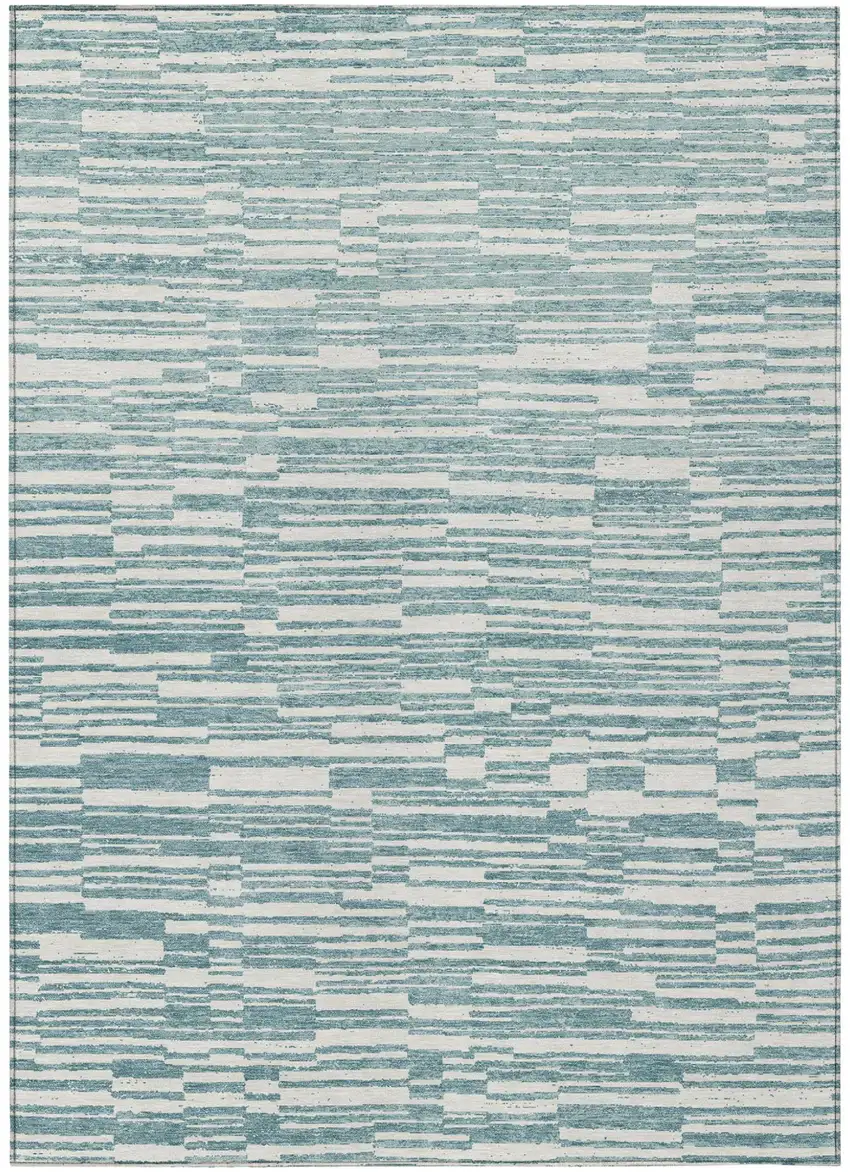 Teal Blue And Silver Striped Washable Indoor Outdoor Area Rug Photo 1