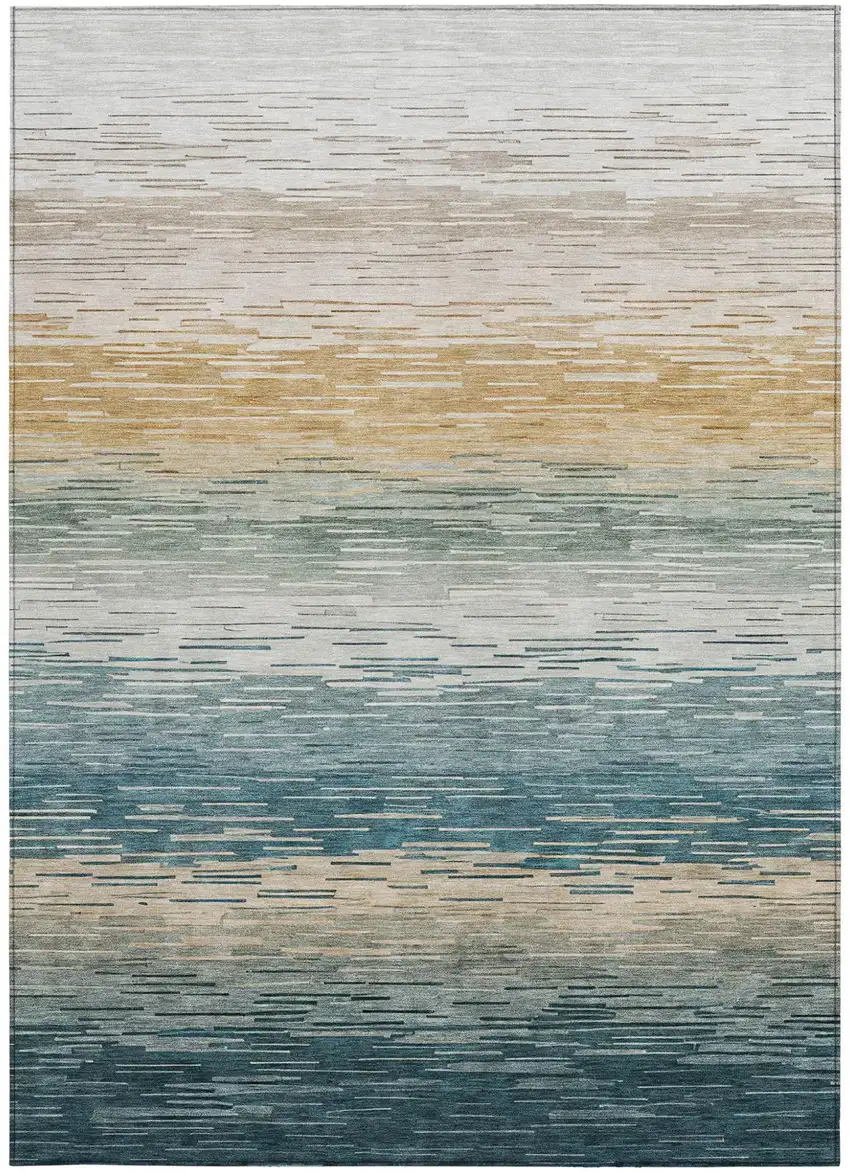 Teal Blue And Silver Striped Washable Indoor Outdoor Area Rug Photo 3