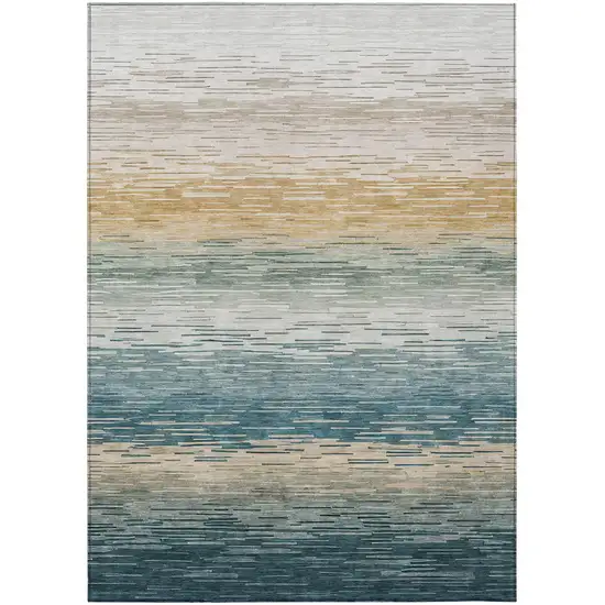 Teal Blue And Silver Striped Washable Indoor Outdoor Area Rug Photo 2