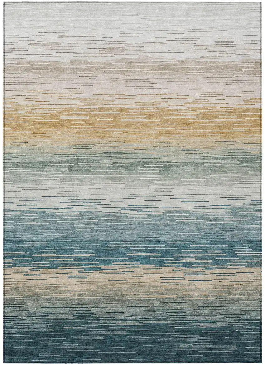 Teal Blue And Silver Striped Washable Indoor Outdoor Area Rug Photo 2