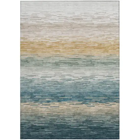 Teal Blue And Silver Striped Washable Indoor Outdoor Area Rug Photo 3
