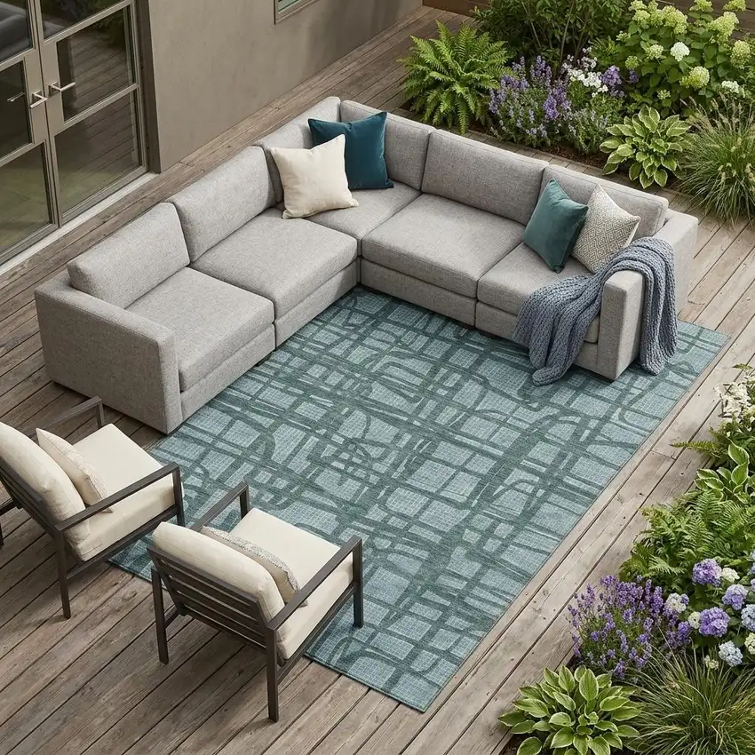 Teal Blue And Sky Blue Abstract Washable Indoor Outdoor Area Rug Photo 1
