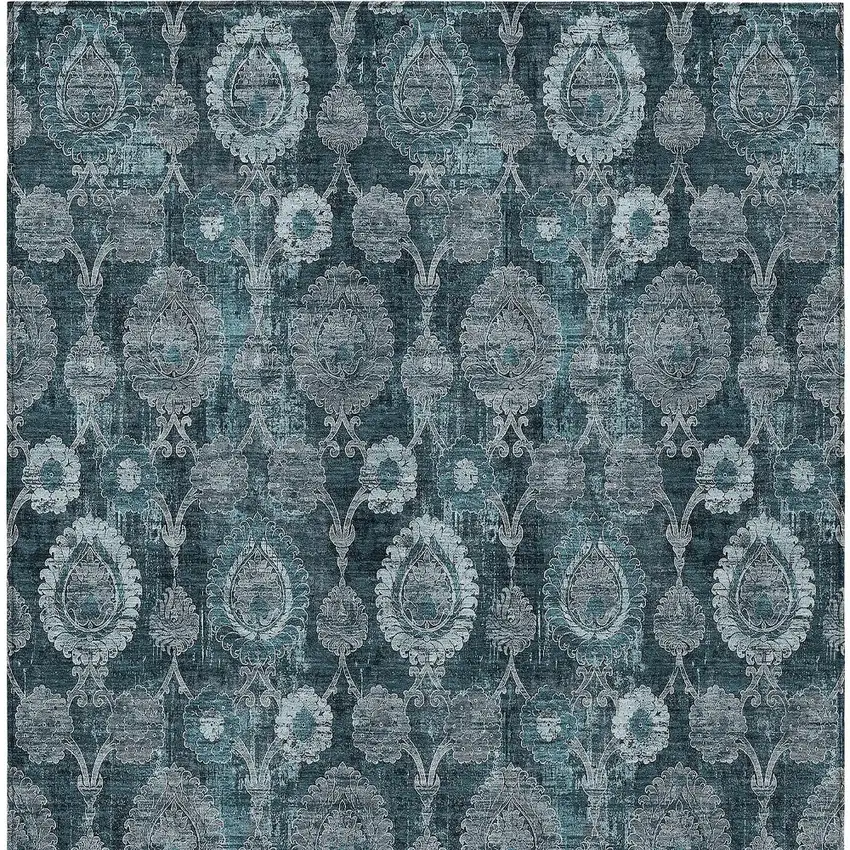 Teal Blue And Sky Blue Damask Washable Indoor Outdoor Area Rug Photo 7