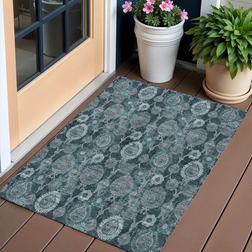 Teal Blue And Sky Blue Damask Washable Indoor Outdoor Area Rug Photo 1