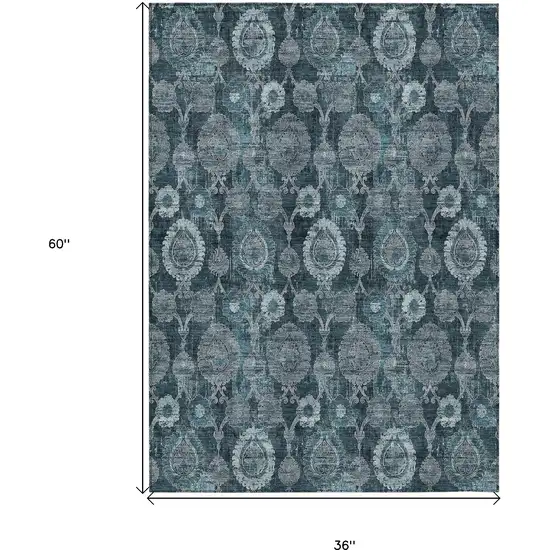Teal Blue And Sky Blue Damask Washable Indoor Outdoor Area Rug Photo 3