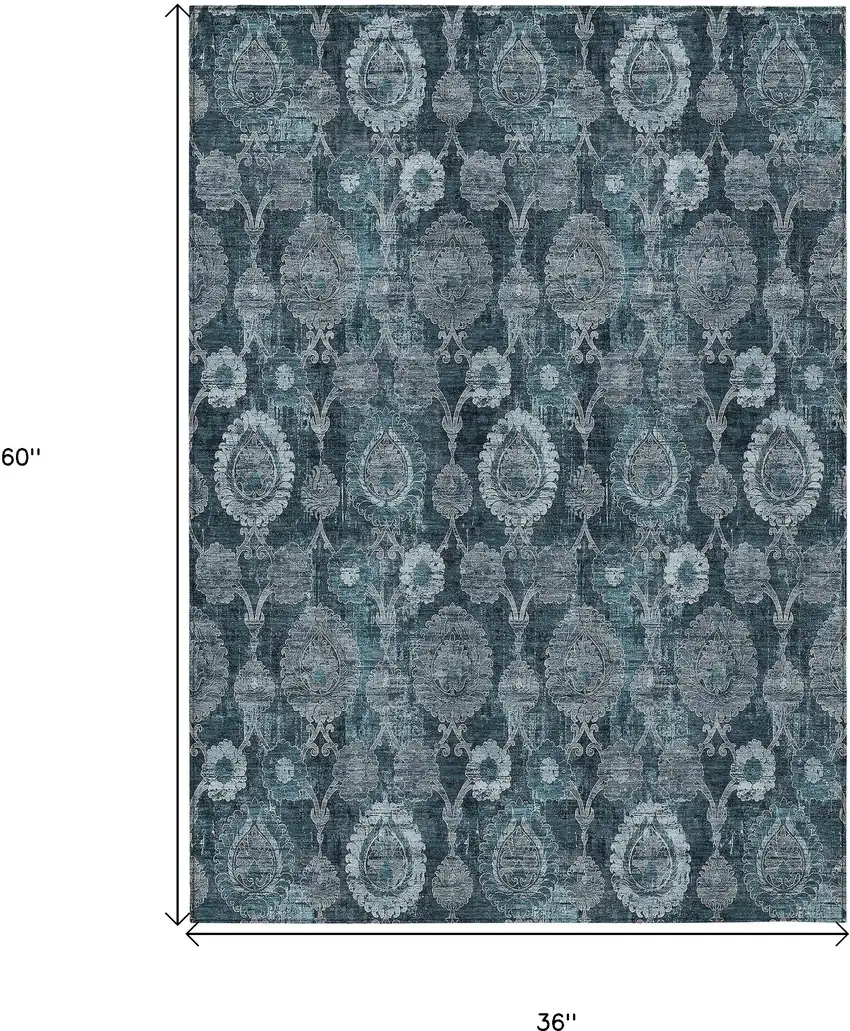 Teal Blue And Sky Blue Damask Washable Indoor Outdoor Area Rug Photo 3