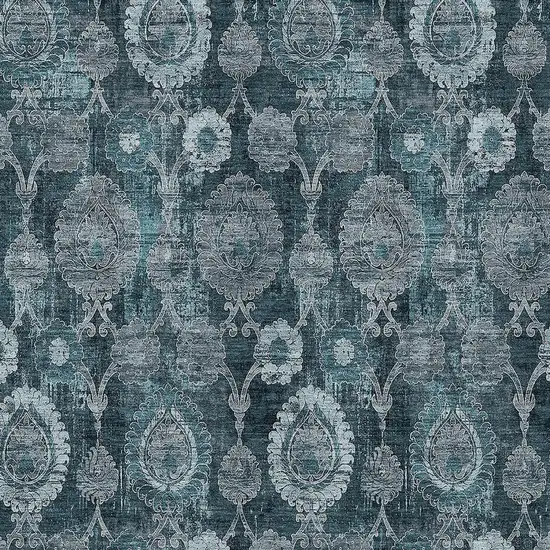 Teal Blue And Sky Blue Damask Washable Indoor Outdoor Area Rug Photo 6