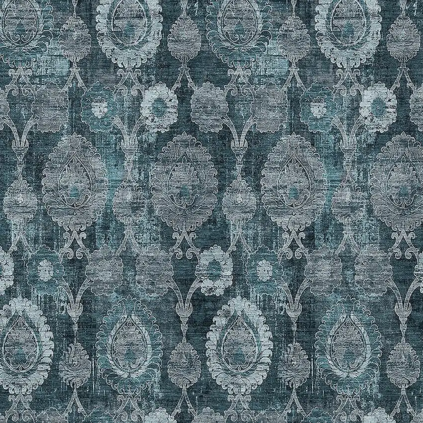 Teal Blue And Sky Blue Damask Washable Indoor Outdoor Area Rug Photo 6