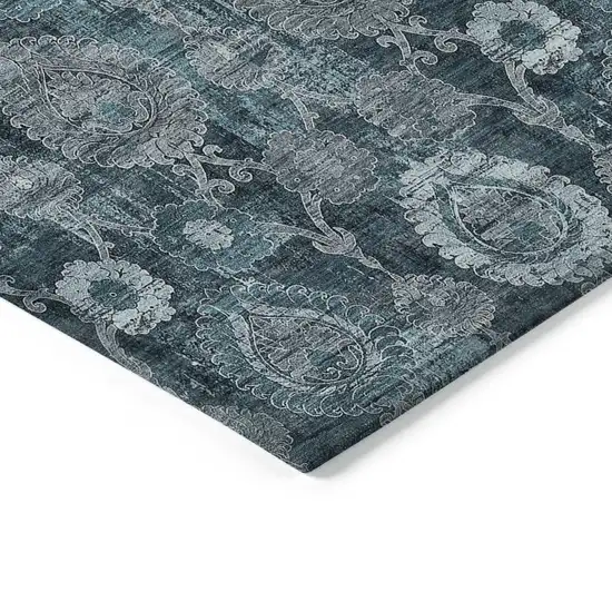 Teal Blue And Sky Blue Damask Washable Indoor Outdoor Area Rug Photo 5