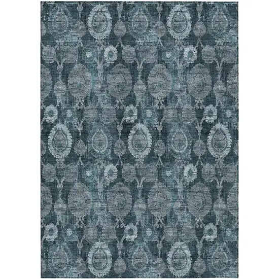 Teal Blue And Sky Blue Damask Washable Indoor Outdoor Area Rug Photo 2