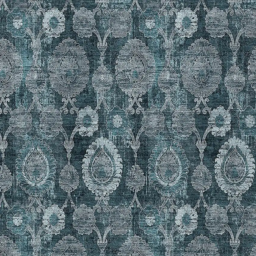 Teal Blue And Sky Blue Damask Washable Indoor Outdoor Area Rug Photo 6