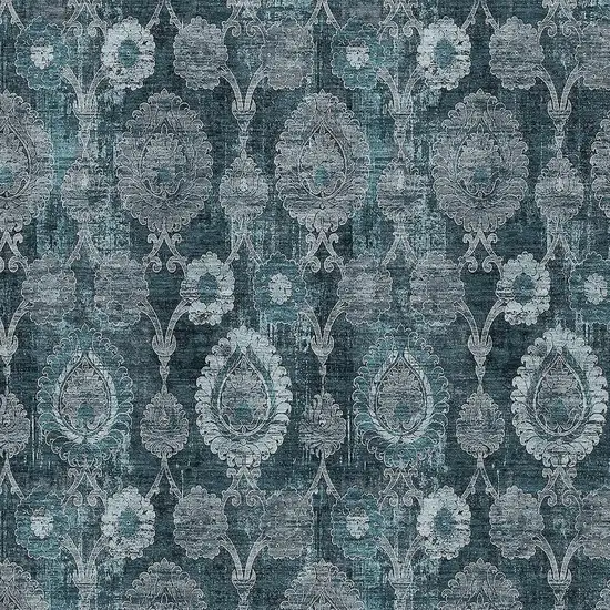 Teal Blue And Sky Blue Damask Washable Indoor Outdoor Area Rug Photo 6