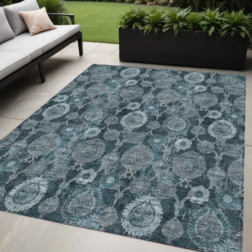 Teal Blue And Sky Blue Damask Washable Indoor Outdoor Area Rug Photo 1