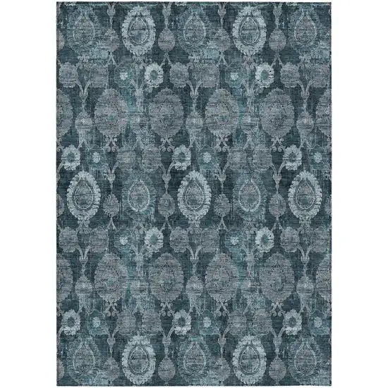 Teal Blue And Sky Blue Damask Washable Indoor Outdoor Area Rug Photo 2