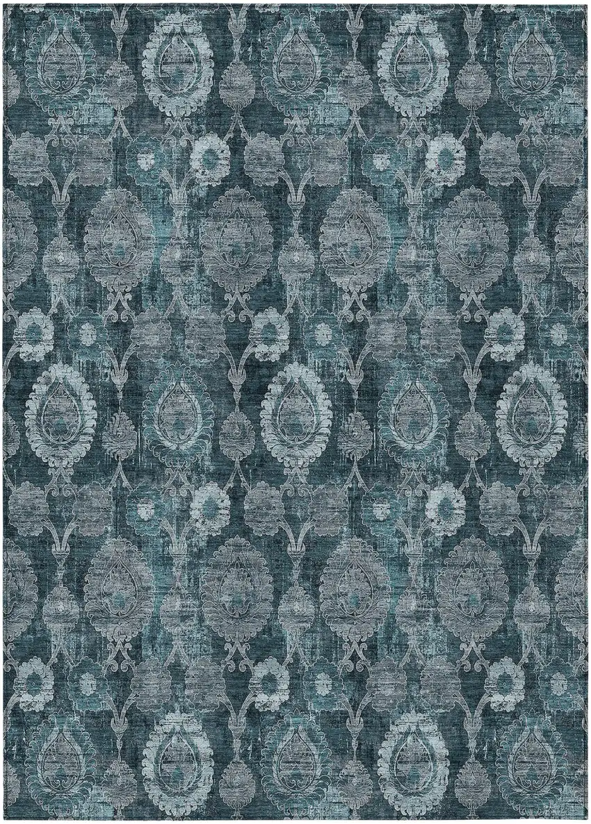 Teal Blue And Sky Blue Damask Washable Indoor Outdoor Area Rug Photo 2