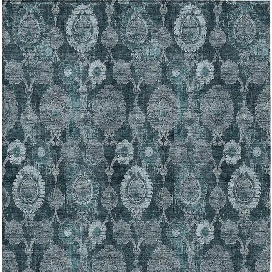 Teal Blue And Sky Blue Damask Washable Indoor Outdoor Area Rug Photo 7