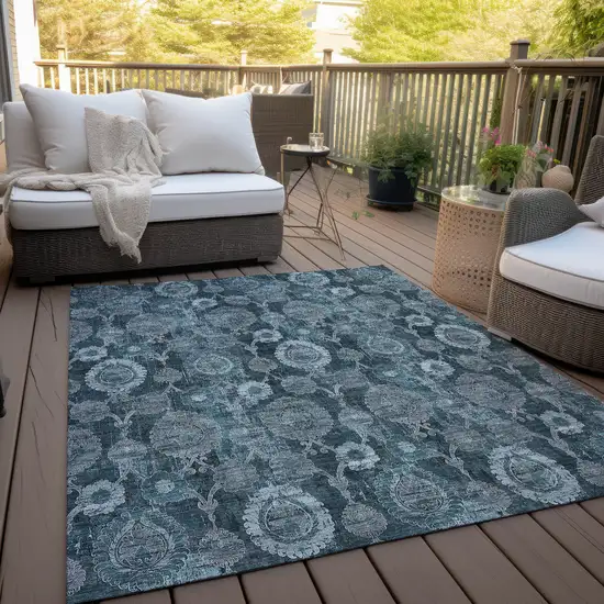 Teal Blue And Sky Blue Damask Washable Indoor Outdoor Area Rug Photo 8