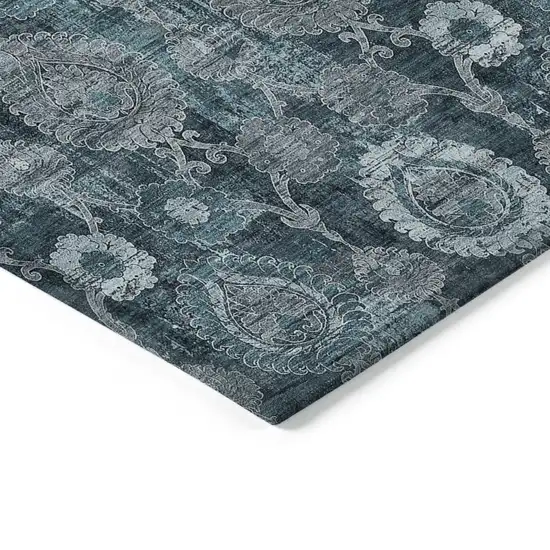 Teal Blue And Sky Blue Damask Washable Indoor Outdoor Area Rug Photo 5