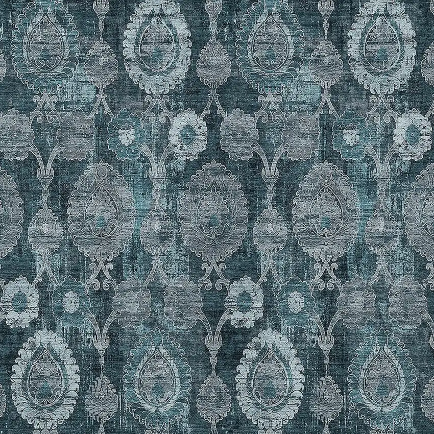 Teal Blue And Sky Blue Damask Washable Indoor Outdoor Area Rug Photo 6