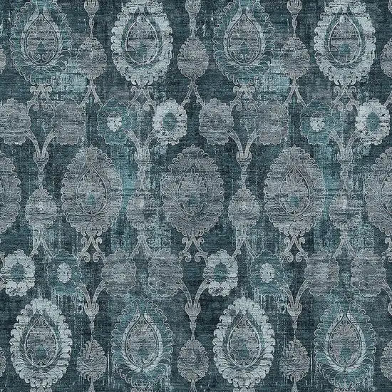 Teal Blue And Sky Blue Damask Washable Indoor Outdoor Area Rug Photo 6