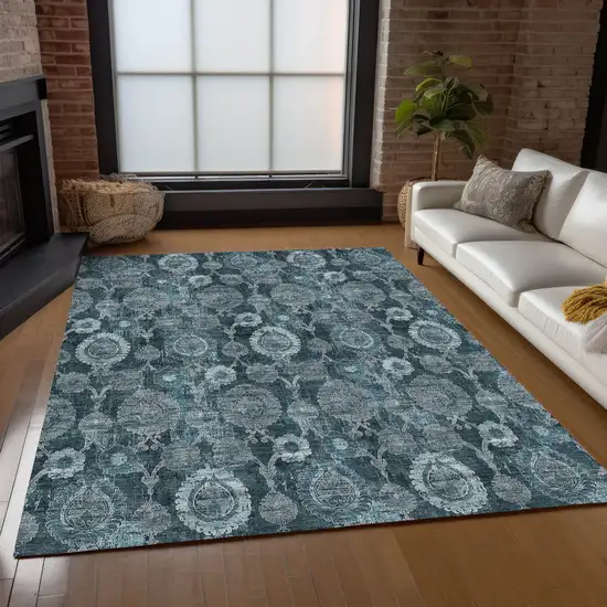 Teal Blue And Sky Blue Damask Washable Indoor Outdoor Area Rug Photo 9