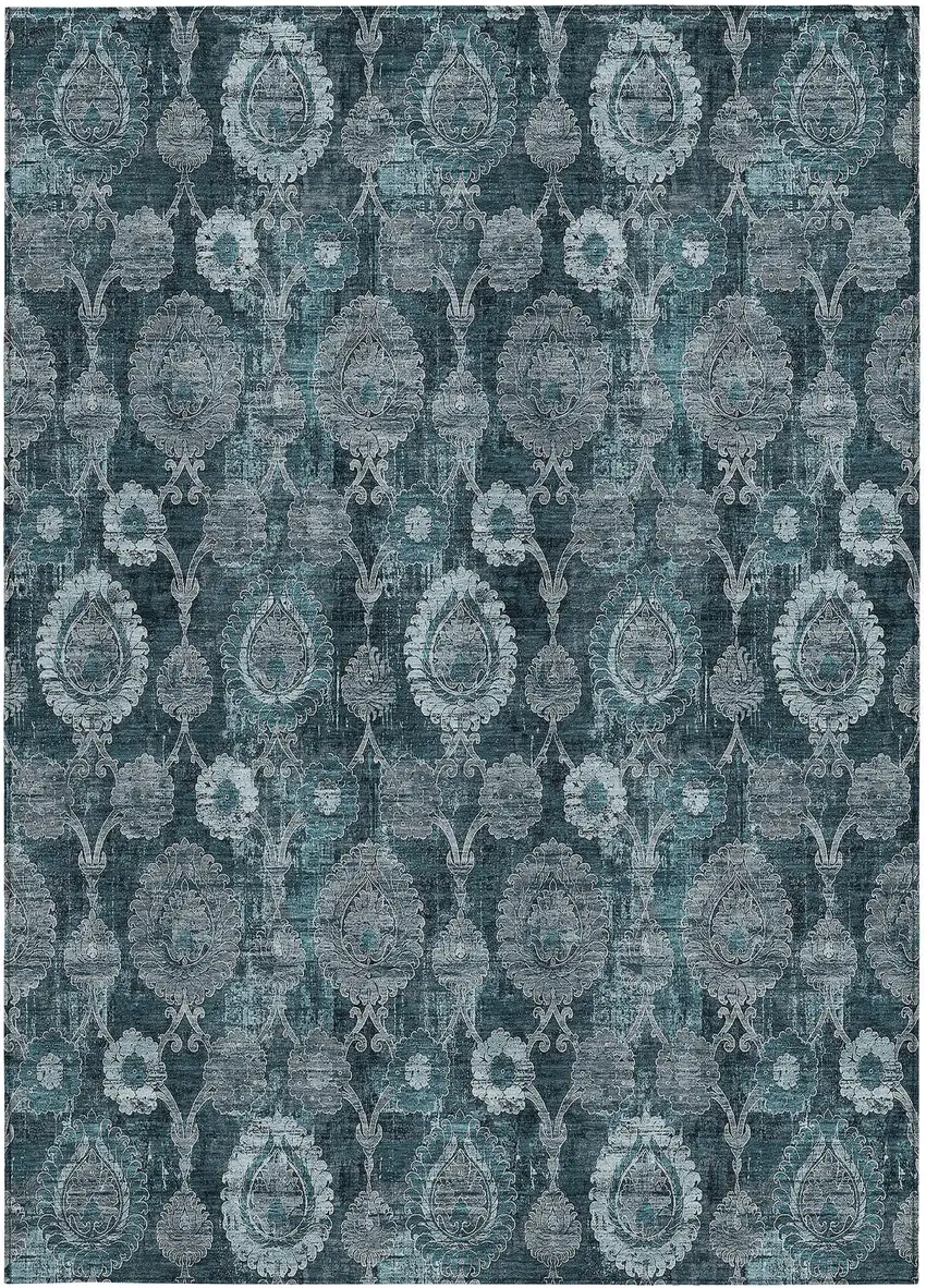 Teal Blue And Sky Blue Damask Washable Indoor Outdoor Area Rug Photo 6