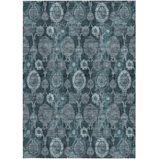 Teal Blue And Sky Blue Damask Washable Indoor Outdoor Area Rug Photo 6