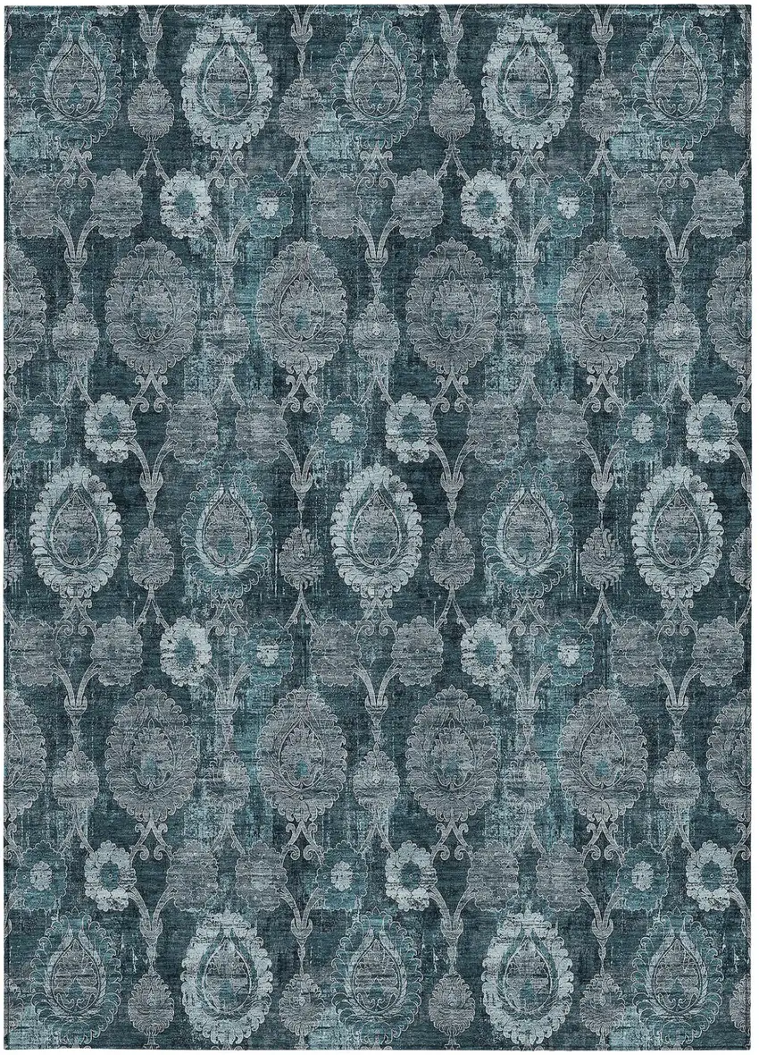 Teal Blue And Sky Blue Damask Washable Indoor Outdoor Area Rug Photo 6