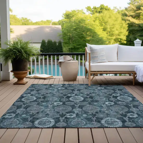 Teal Blue And Sky Blue Damask Washable Indoor Outdoor Area Rug Photo 9