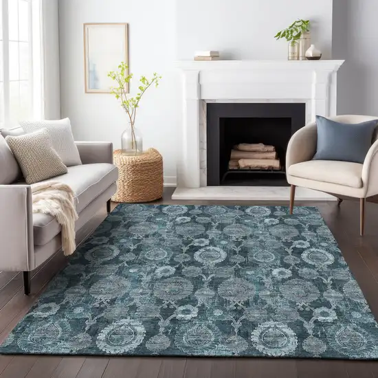 Teal Blue And Sky Blue Damask Washable Indoor Outdoor Area Rug Photo 8
