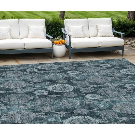 Teal Blue And Sky Blue Damask Washable Indoor Outdoor Area Rug Photo 1