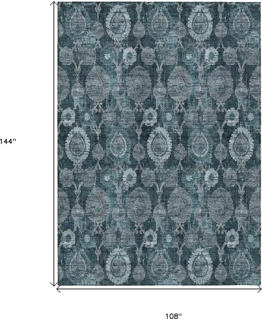 Teal Blue And Sky Blue Damask Washable Indoor Outdoor Area Rug Photo 3