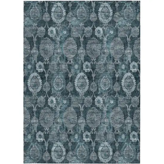 Teal Blue And Sky Blue Damask Washable Indoor Outdoor Area Rug Photo 7