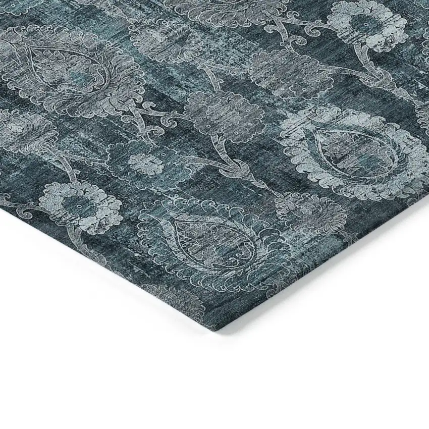 Teal Blue And Sky Blue Damask Washable Indoor Outdoor Area Rug Photo 5