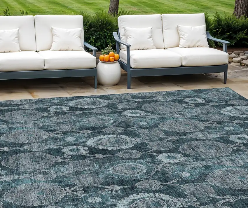 Teal Blue And Sky Blue Damask Washable Indoor Outdoor Area Rug Photo 1